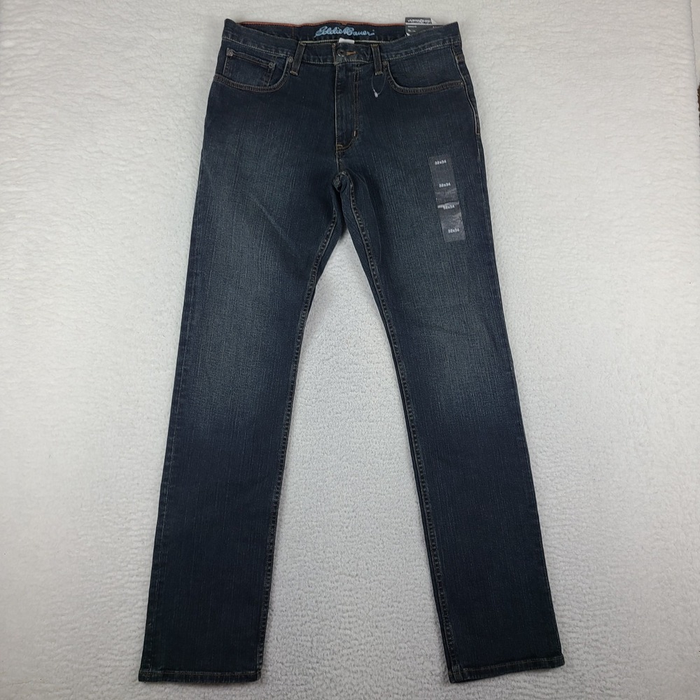 Eddie Bauer Jeans Mens 32x34 Blue Slim Straight Dark Wash Denim NWT